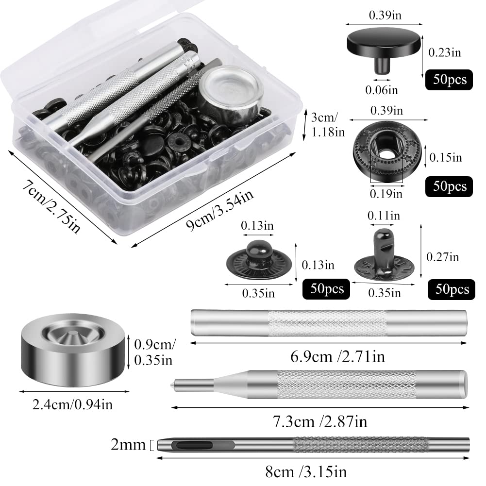 TLKKUE 50 Sets Leather Snap Fasteners Kit 10mm Black Metal Snap Buttons kit Stainless Steel with 4pcs Snap Fastener Installation Tools for Sewing Clothing, Bracelets, Jackets, Bags Belt, DIY Crafts