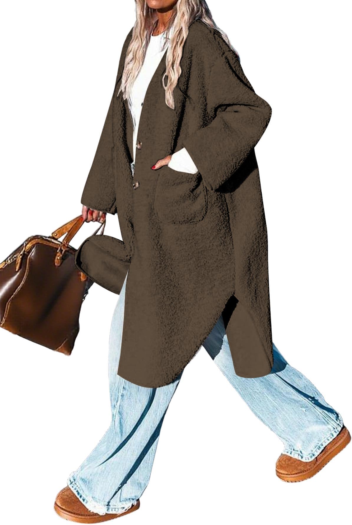 Aoang Fleece Coats Women Button Down Long Jackets Winter Flannel Trench Coats Dressy