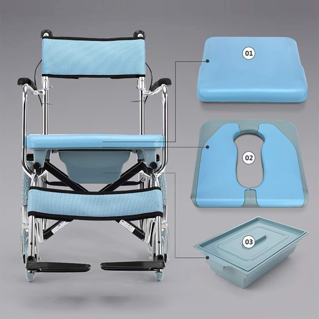 Sillas de Ruedas Autopropulsadas Plegables Ligeras con Inodoro, Baño Robusto Plegable Mde Aluminio Acolchado Asiento Respcon Frenos de Mano/Blue