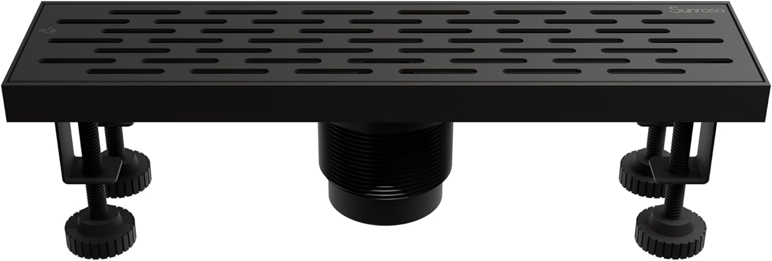 Sunrosa 12 Inch Linear Drain,Matte Black Linear Shower Drain, Removable Brick Pattern Grate Shower Floor Drain, PVD Coating, 304 Stainless Steel Drain for Shower with Adjustable Leveling Feet Matte Black 12"×3"