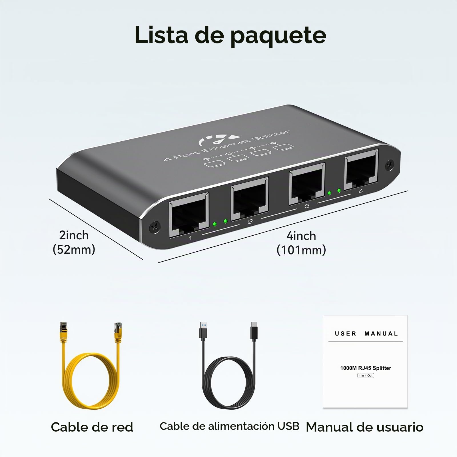 VEDINDUST Switch Ethernet 1 a 4 Puertos 1000Mbps Ethernet Splitter, RJ45 Hub Network LAN Gigabit Ethernet Duplicador con Cable de USB C, para Ordenador, Router, TV