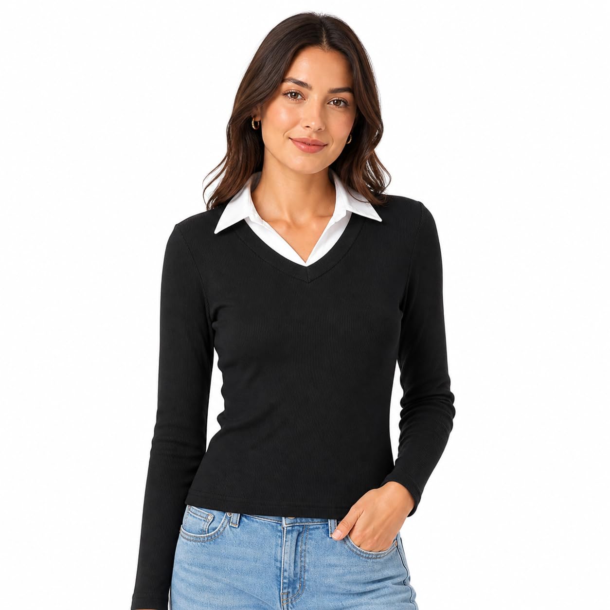 Women’s Ribbed V-Neck Full Sleeve Top with Collar | Casual & Office Wear Top | Stylish Stretchable Top for Women (Black, Beige, Pink, Brown, Maroon)-picture-25