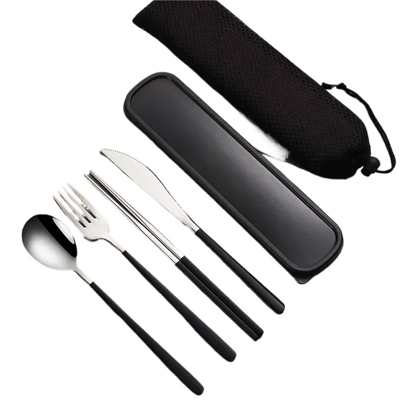 Juego de Cubiertos Juego de vajilla acero inoxidable, cubiertos portátiles, cuchillo, tenedor, cuchara, palillos(Silver-darkgreen)