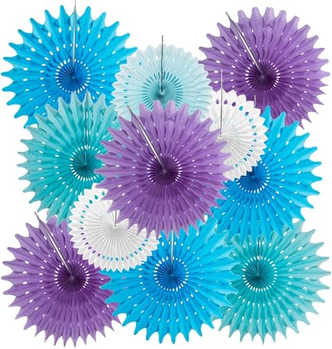 SUNBEAUTY Paquete de 11 abanicos de papel de panal colgantes color morado lavanda azul para decoración de abanicos de papel de seda con temática de