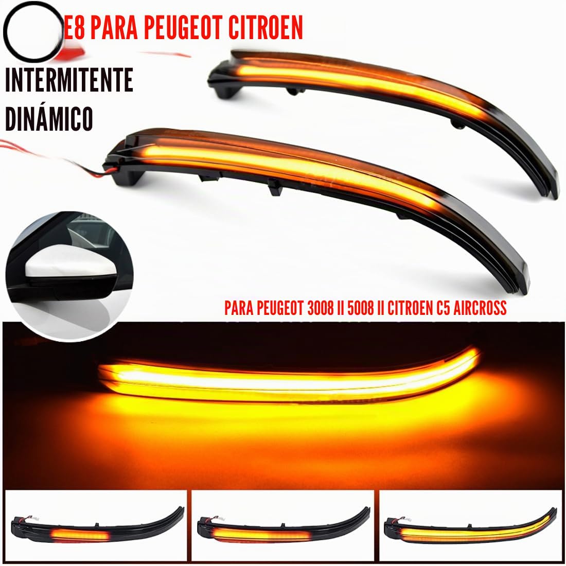 Luz LED de señal de giro dinámica compatible for Peugeot 3008 5008 2017 2018 2019 2020 2021 LED intermitente lateral espejo retrovisor indicador luces secuenciales paquete para 2