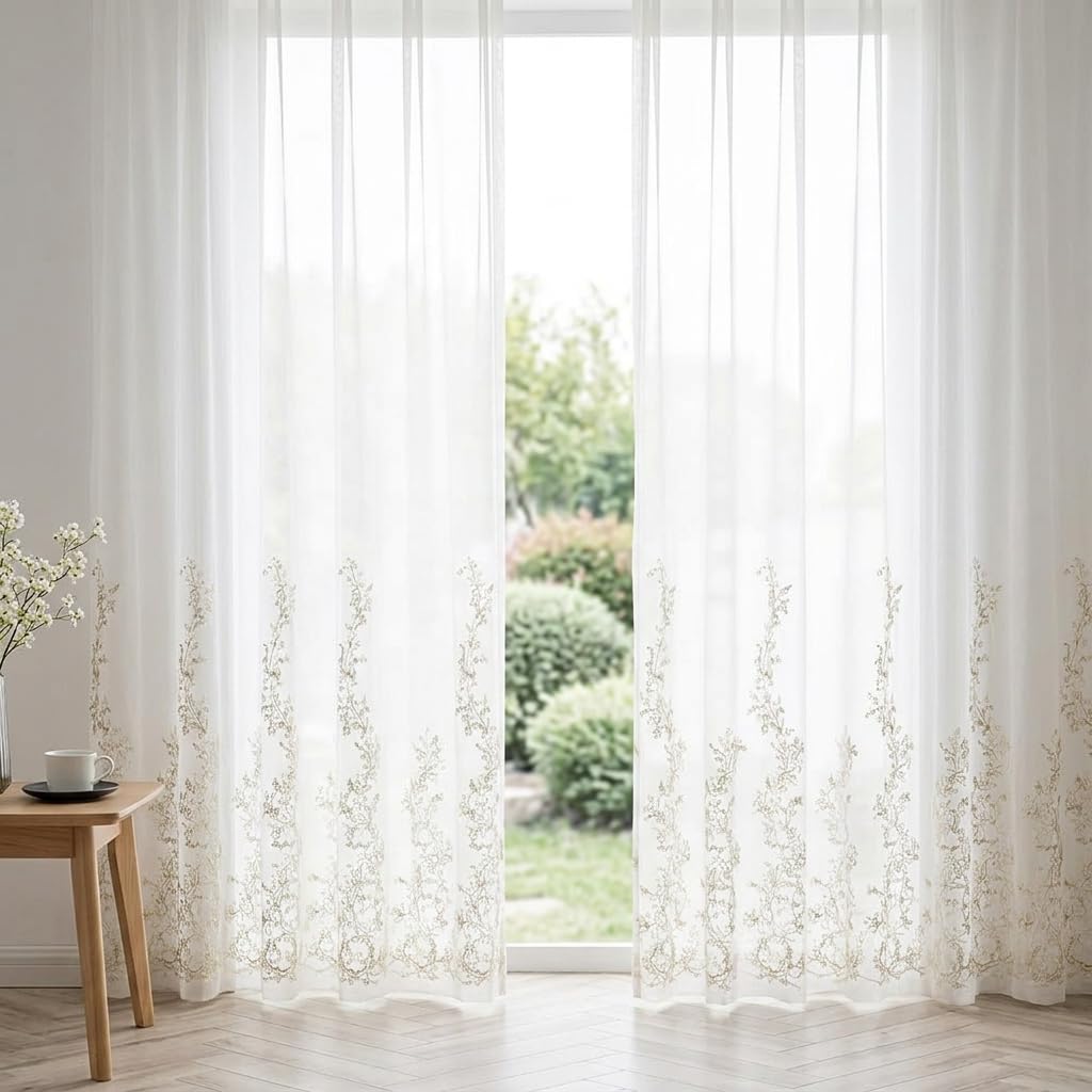 Zibuyu® Floral Embroidered Sheer Curtains with 10 Hooks, Set of 2, Light Filtering Semi Sheer Drapes, Elegant Window Curtains for Living Room, Bedroom, Dining Room Home Decor, 132 x 231 cm-image-4