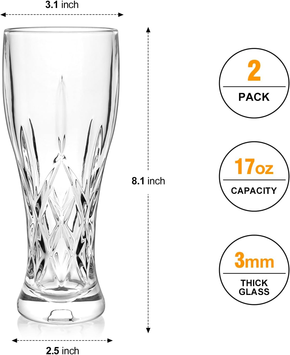 Beer Glasses Set of 2,17 oz Glasses Drinking Set, Craft Beer Glasses for Freezer Supply Aroma Retention, Tall Beer Cups, Mugs and Glassware Gifts for Men