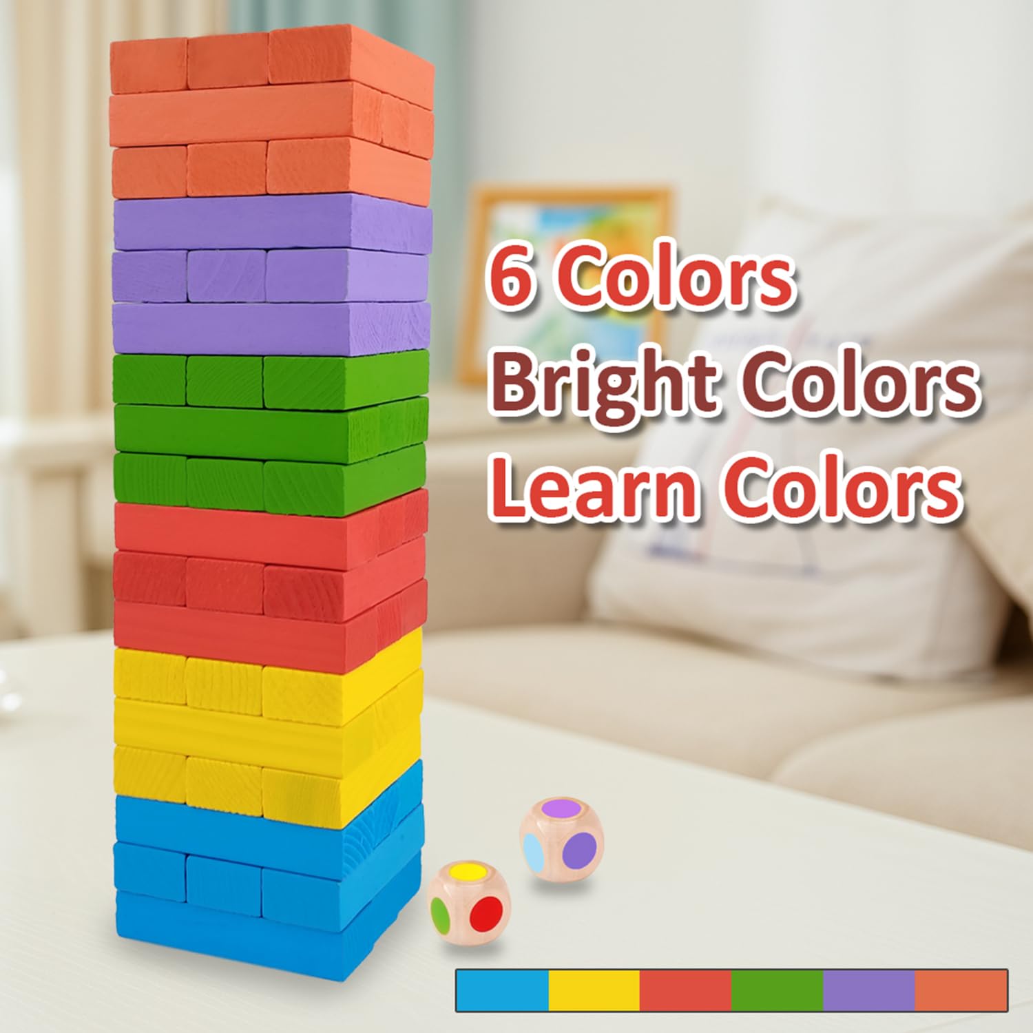 WUDLY® Colorful Wooden Stacking Tower Game for Kids & Adults - Montessori Tumbling Blocks with Dice - Educational Fun Toy for Family & Party (Color) - Image 6 thumbnail