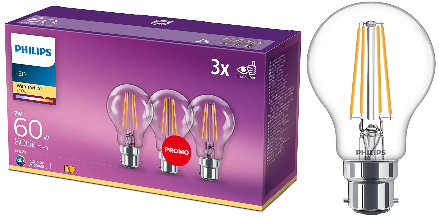 Philips GLS Clear Filament LED Light Bulbs, B22, 7W, 806 Lumens, 60W Equivalent, Warm White 2700K - 3 Pack