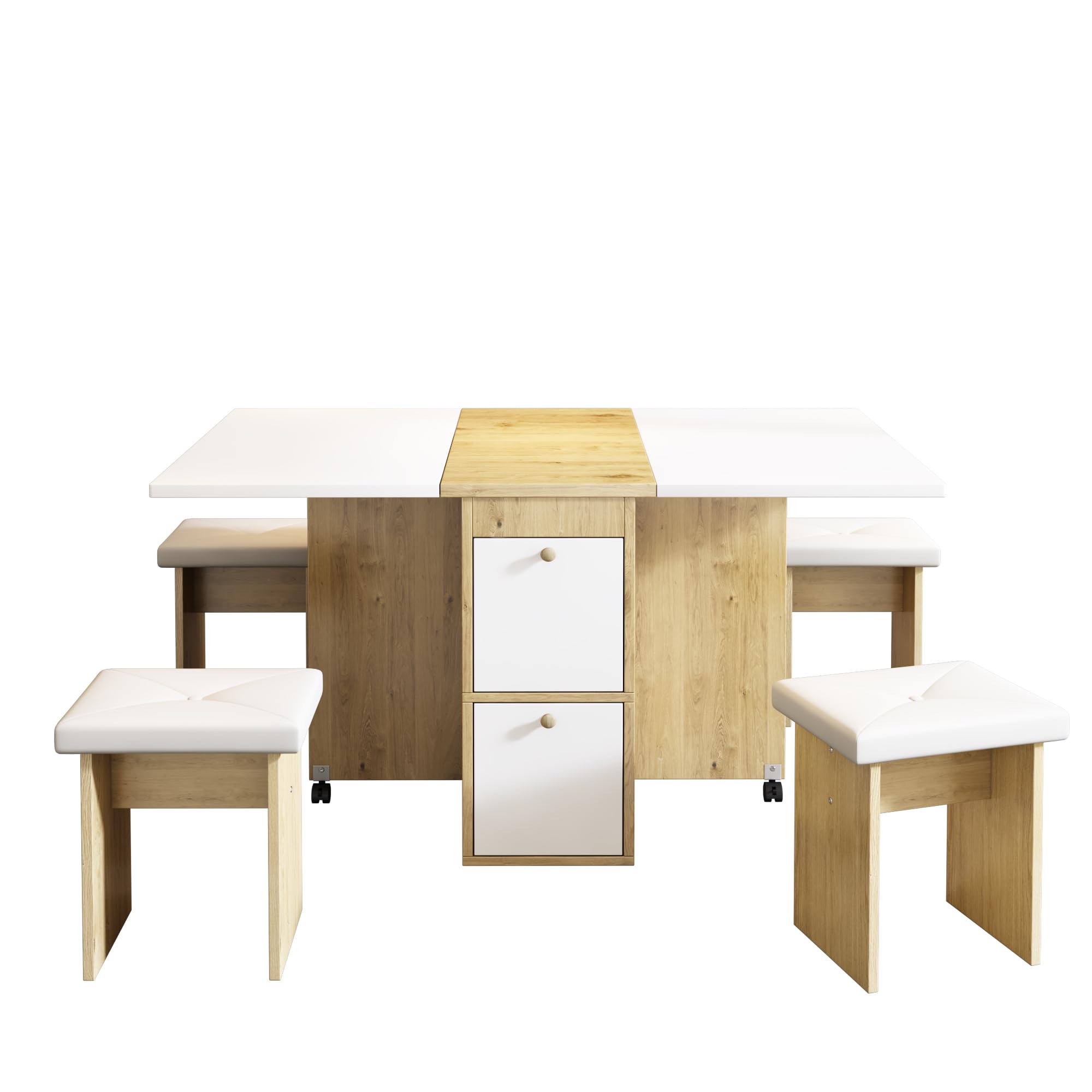 Juego de Comedor Mesa y 4 Sillas, Mesa de Comedor Plegable con Sillas, 120x80x75 cm Juego de Mesa de Comedor Rectangular Extensible con 4 Sillas Cocina, con Función de Almacenamiento (Blanco)