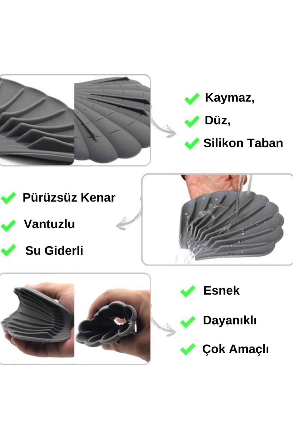TİNEKE SİYAH Renk Kaymaz İstiridye Şekilli Silikon Sabunluk Sabun Depolama Tutucu ve Taşınabilir Sabunluk