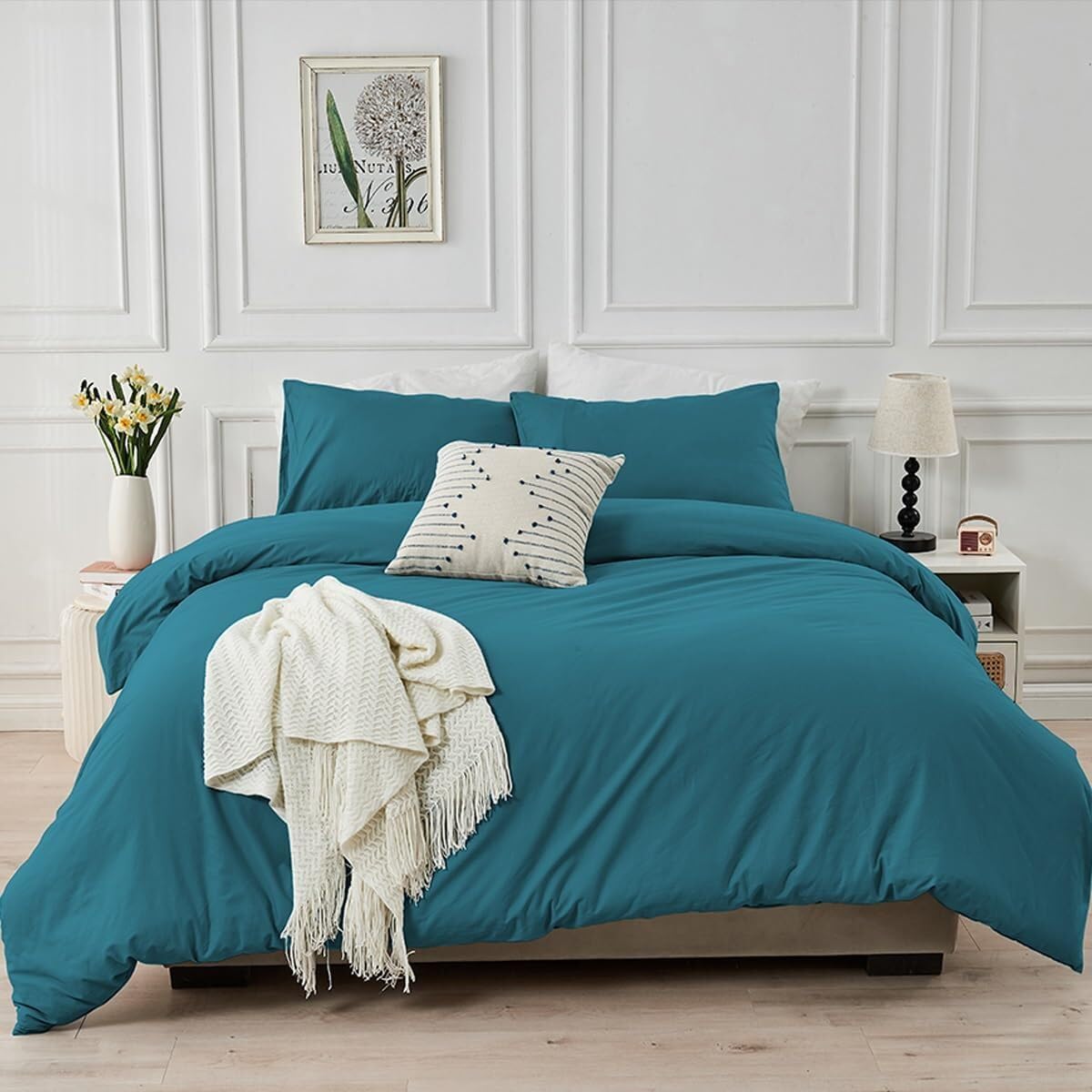 Luofanfei Housse de Couette Coton 240 x 260 Bleu Canard Pétrole Adulte Ado Uni 2 Personnes Parure de Lit Unie Coton Housse Couette 240x260 Linge de Lit avec Fermeture éclair et 65x65 Taies d'oreiller