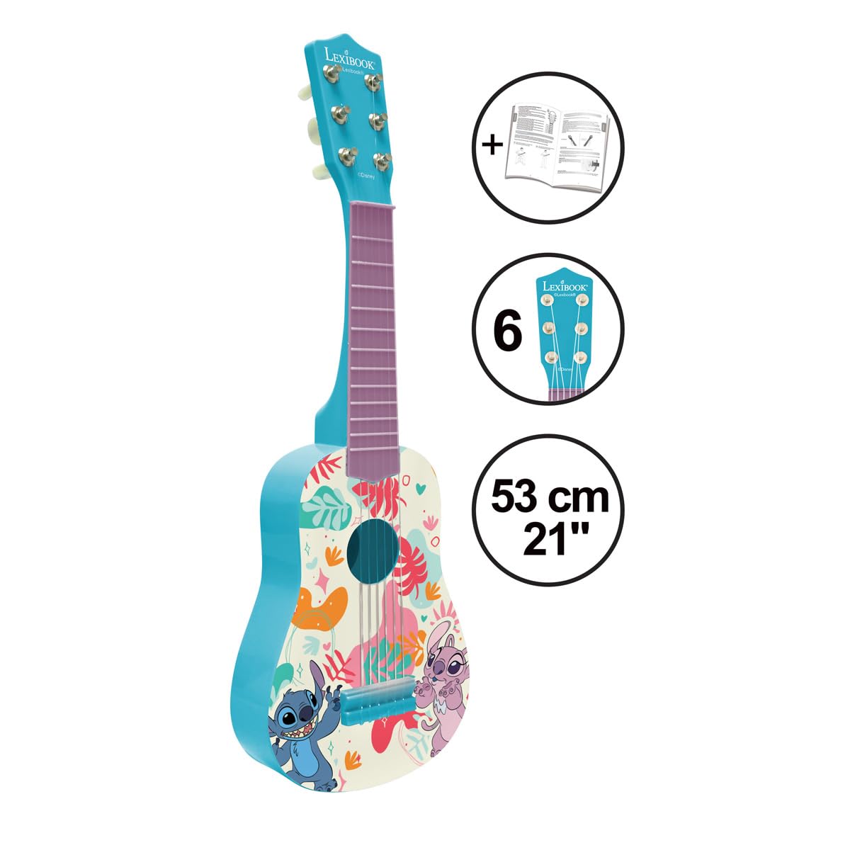 Lexibook, Disney Stitch, Moja Gitara dla Dzieci, 6 Nylonowych Strun, 53 cm, Dołączony Przewodnik, Niebieska, K200D
