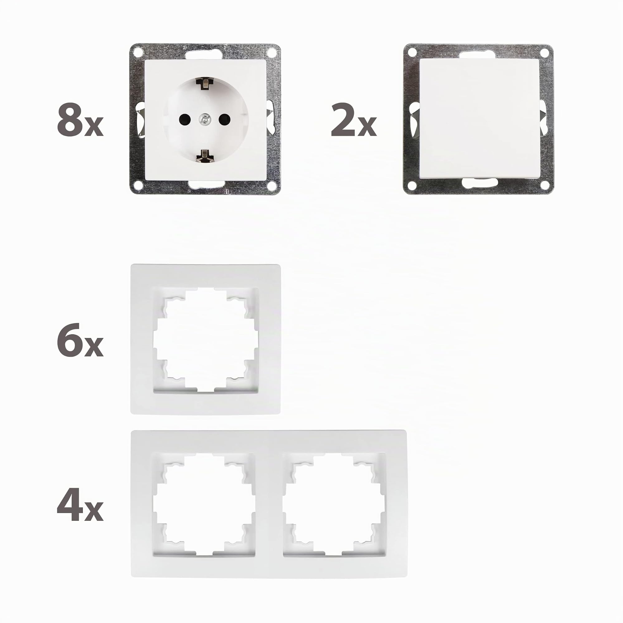McPower Flair - Wand Steckdosen und Schalter Set I Standard I 20-teilig I 8x Steckdose 2x Wechselschalter 10x Rahmen | Aufputz Unterputz | Serie in Weiß matt