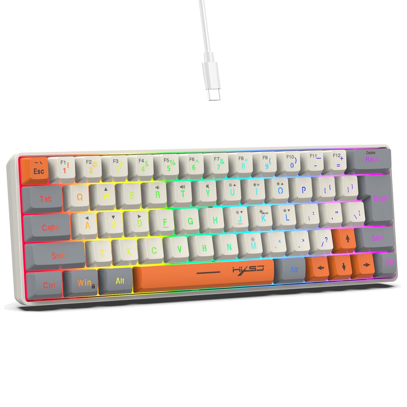 Keyboard Keycaps, 63 Keys Membrane Keyboard Colourful Lighting Wired Keycap USB C Cable Detachable Gaming Keyboard Key Caps (White-Grey-Yellow)
