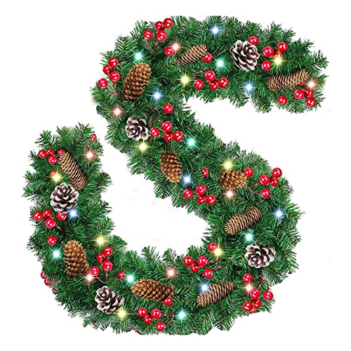 CLSDRZC Wieniec bożonarodzeniowy 2. 7 M Świąteczny wieniec z rattanu LED Sztuczny zielony rattan sosnowy z jagodami i szyszkami Wiszą ozdoby Domowe przyjęcie noworoczne Dekoracje Wianek