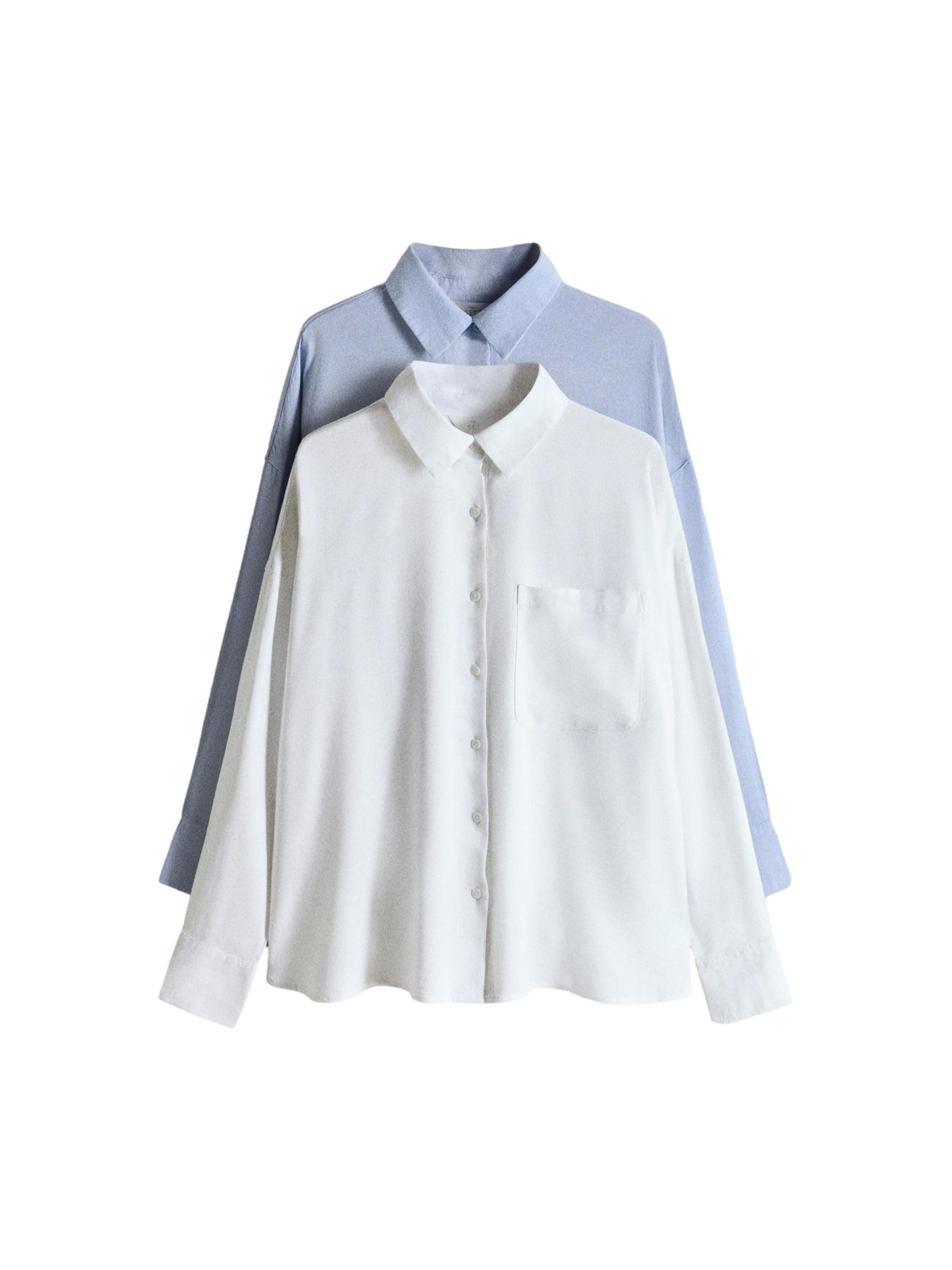 THE SET Damen Langarmshirts mit Knöpfen und Leinenanteil, 2er-Pack