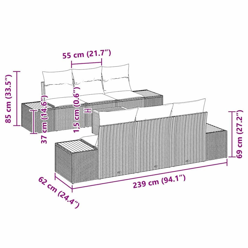Set di divani da giardino con cuscino, 7 pezzi, grigio polyrattan, poltrona da esterno, divano modulare, seduta per patio terrazza balcone grigio