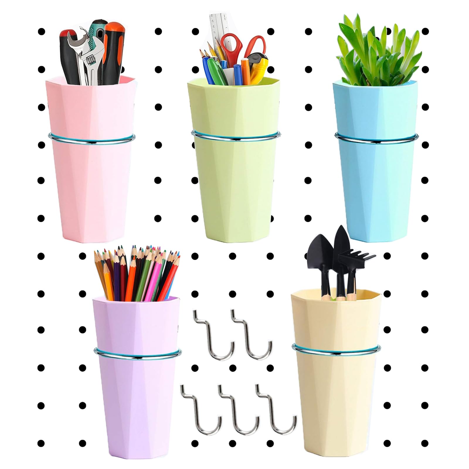 Yearny 5 Sets Pegboard Bins with Rings and Hooks, Stainless Steel & ABS Plastic, Universal Size, Easy Install, Organizing & Storage Accessories