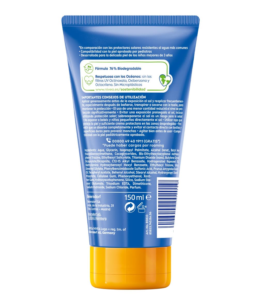 NIVEA SUN Kids Ultra Protege & Cuida FP50+ Crema solar para niños a partir de 3 años (150 ml), protector solar resistente al agua, crema hidratante con protección solar UVA & UBV