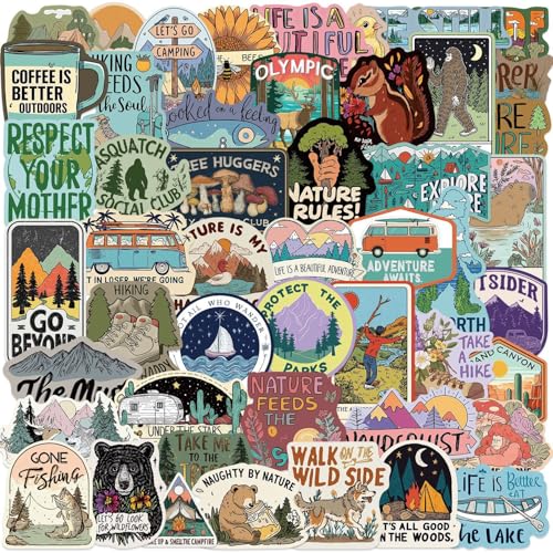 XGFPJSW 50Pcs Outdoor Camping Stickers Nature Adventure Stickers Pack Waterproof Vinyl for Scrapbook Journaling Water Bottle Laptop Luggage Phone Skateboard