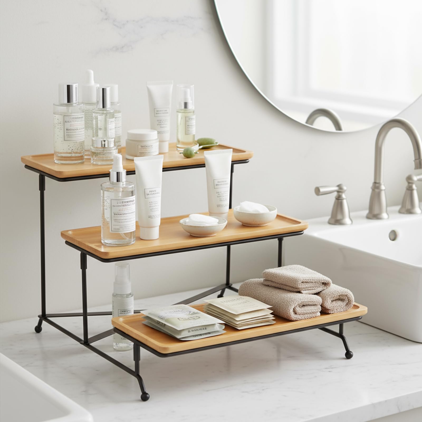 Cozary Plateau Repas 3 Étages, Plateau De Service Bois 28.9x12.5x1.2cm, Support Gateau, Support en Métal Noir, Plats Et Plateaux, Presentoir a Gateau, pour Buffet/Desserts/Fruits