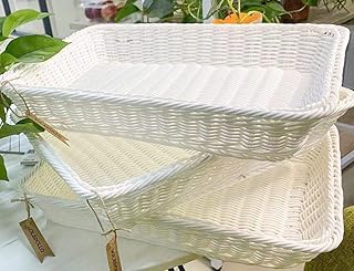 3 Packs SOLAPOLLO Poly Wicker Bread Basket,Rectangle Bread Basket,Rectangular Wicker Display Baskets for Kitchen Storage,Food Display Baskets for Tabletop(White)