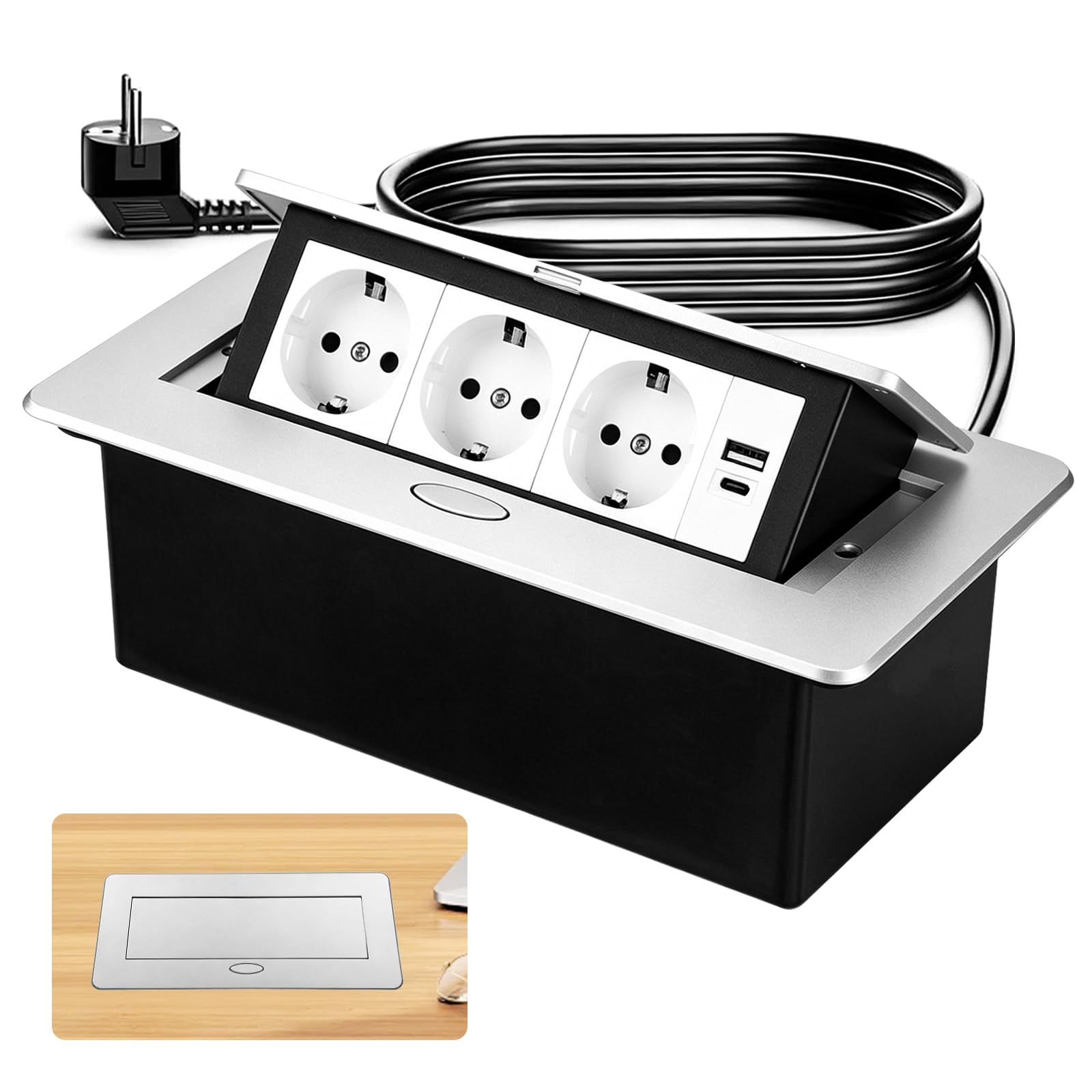 Alluminio Presa da Tavolo da Incasso, Ciabatte Elettriche Multipresa con 3 Prese, Porte USB e Type C, 4000W/16A Presa da Tavolo a Scomparsa per Cucina, Scrivania e Ufficio, Cavo da 1,8M