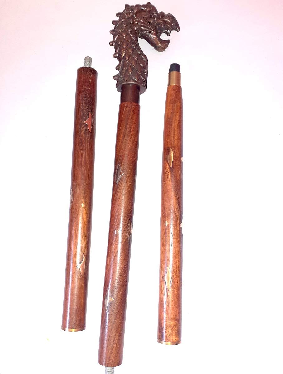 Canne de marche en bois tête de dragon marron antique bâton de marche vintage