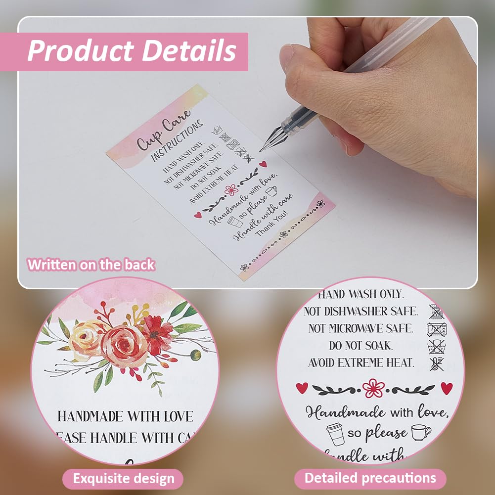 FINGERINSPIRE 240 Pcs Cup Care Instructions Cards 5.4x8.7cm Pink with Flower Print Rectangle Display Cards with Handmade with Love Text for Handmade Cups Gifts - Image 3