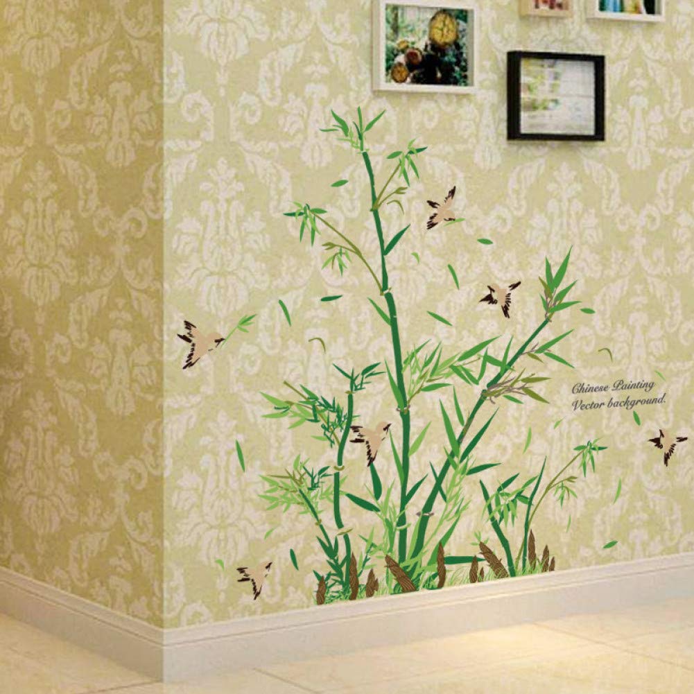 Sticker mural bambou vert et oiseaux pour la décoration du salon