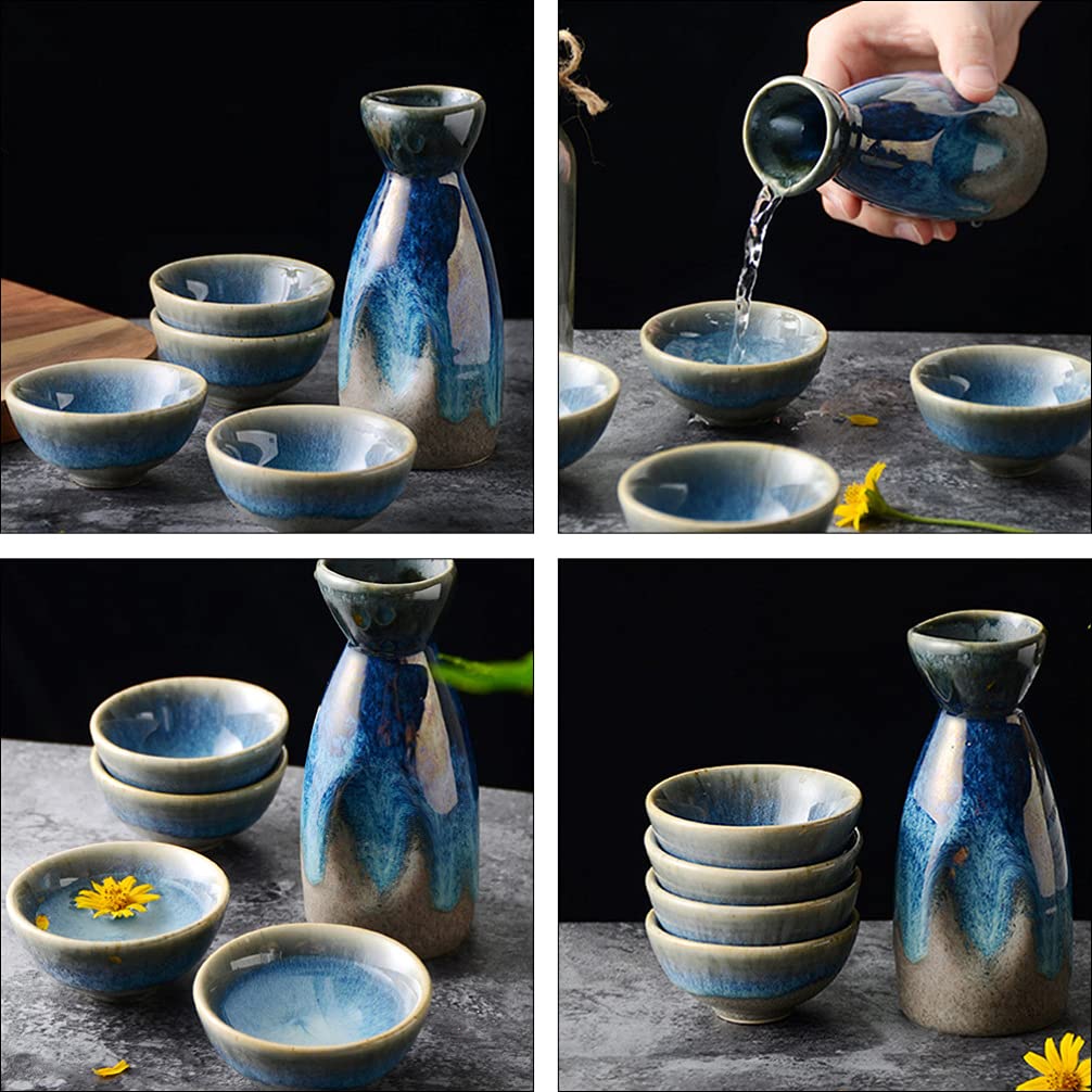 HEMOTON Porcellana Bottiglia di Sake Set Giapponese Tokkuri Sake Pentola con 4 Tazze di Ceramica Tradizionale Bene Che Serve Bottiglia di Vino Caraffa per La Casa Partito