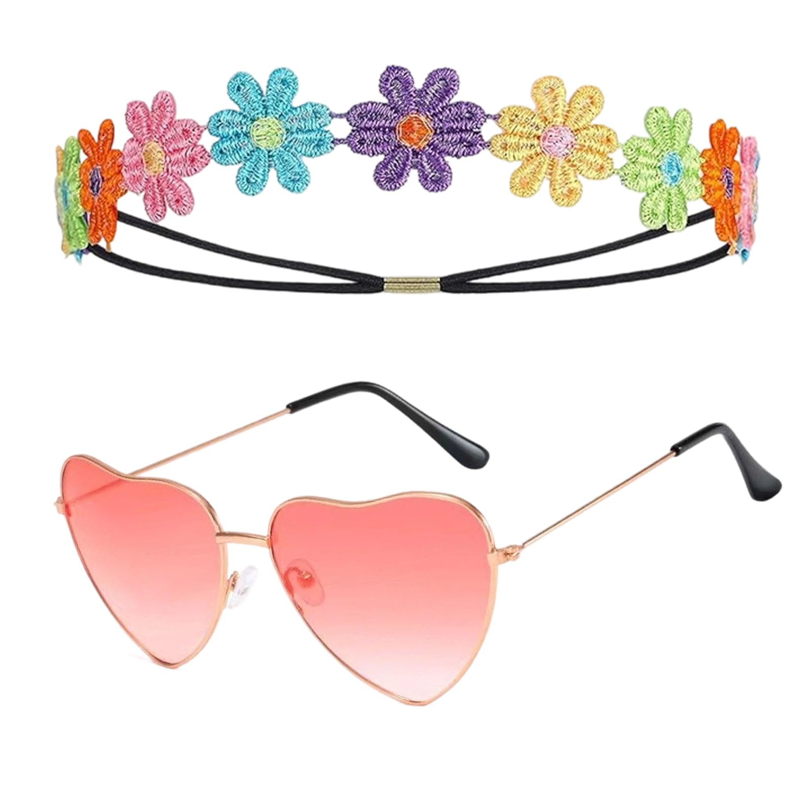 Apparlxer Hippie Accessories Set for Women, Hippy Costume Accessories Women with Vintage Heart Shaped Sunglasses Daisy Headbands for 60s 70s Fancy Dress Groovy Festival Halloween