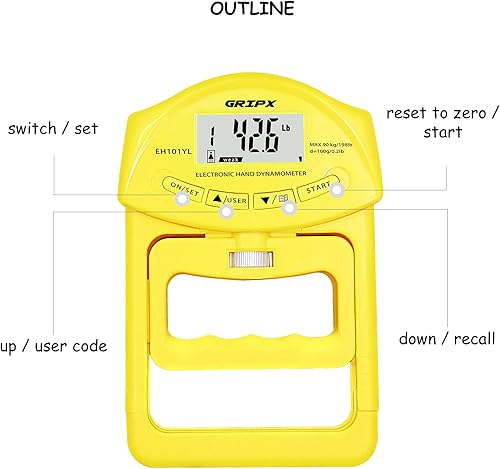 Miniatura 10 de GRIPX Dinamómetro digital de mano medidor de medición de fuerza de agarre automático captura electrónica de agarre de mano potencia 198 libras