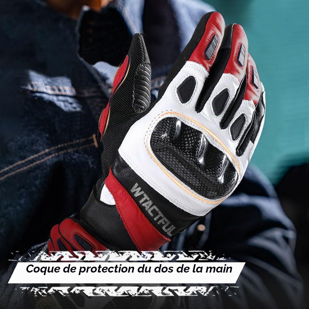 WTACTFUL Gants Moto en Cuir de chèvre avec Protection Carbone pour Femme et Homme - Gants complets tactiles pour Moto, Conduite et Motocross