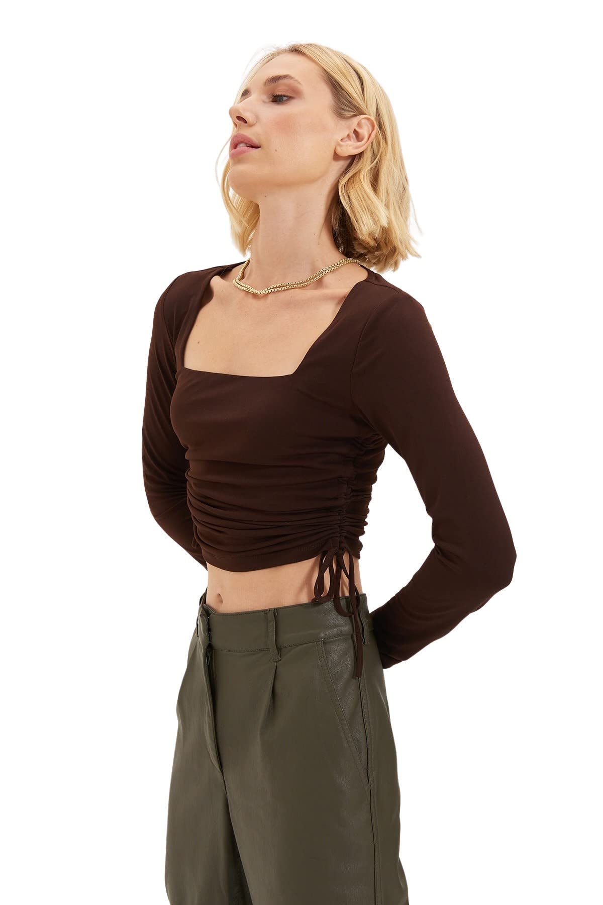 Trendyol Damen Figurbetont Bodycon Karrée-Ausschnitt Gestrickt Bluse, Braun, M