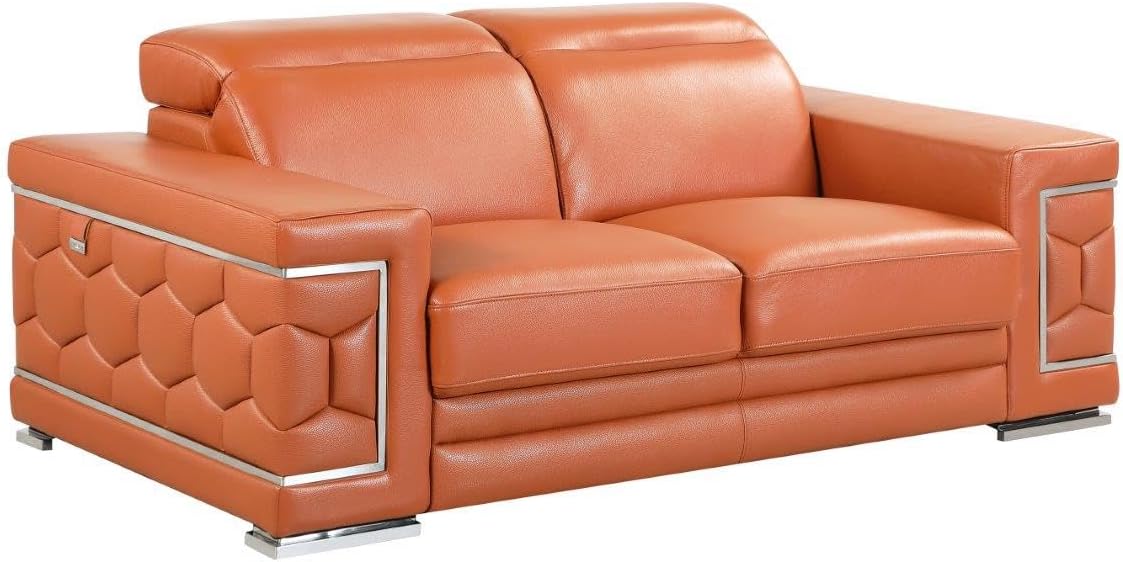 - Blackjack Furniture Usry Top Grain Italian Leather Loveseat with Multi-Position Adjustable Headrests, Elegant Contemporary Design with Chrome Trim and Durable Wood Frame, Camel