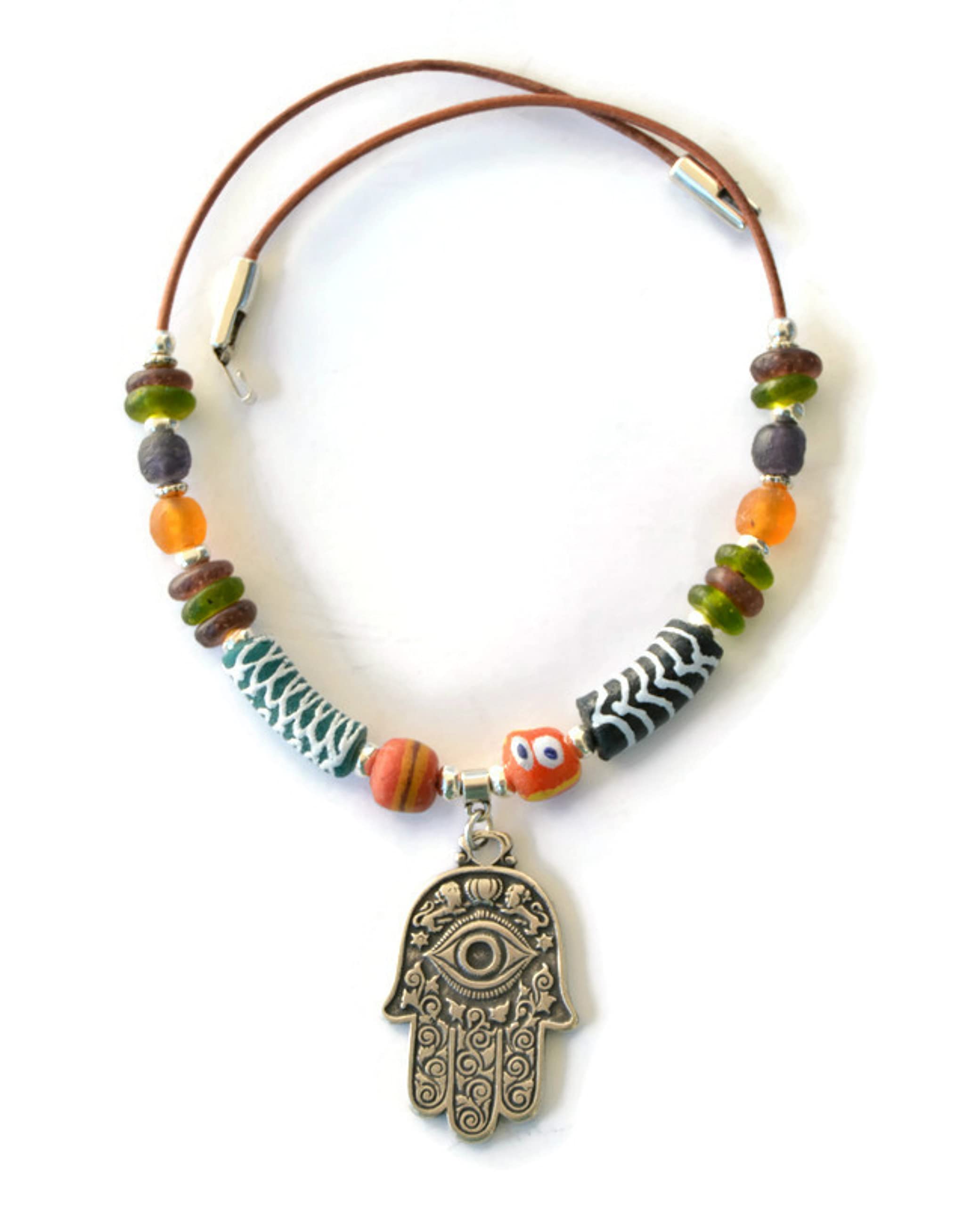 Hand of Fatima silver necklace with Turkish eye for women, colored rustic beads choker, unique and original gift  TUAREG