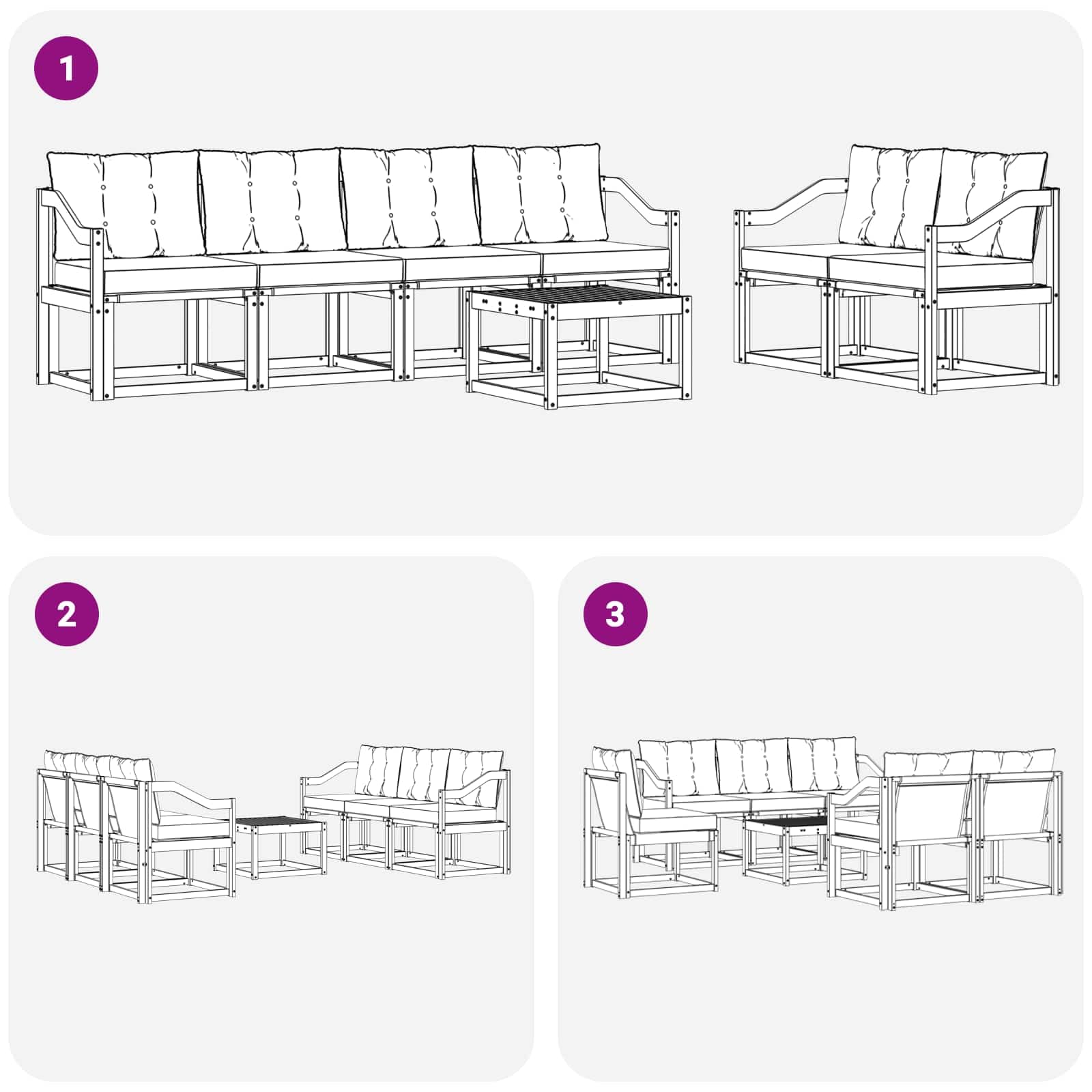 Gartenmöbel-Set mit Kissen 7-teilig aus massivem Akazienholz wetterfestes Design für Terrasse, Balkon und Garten, inklusive Sitzgruppe, Tisch, Stühle, Sofas und Aufbewahrung