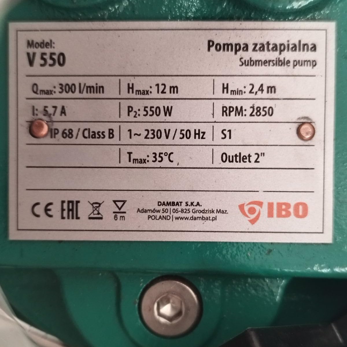 Bomba sumergible IBO V550 Bomba de heces Bomba de aguas residuales Caja de acero 230V