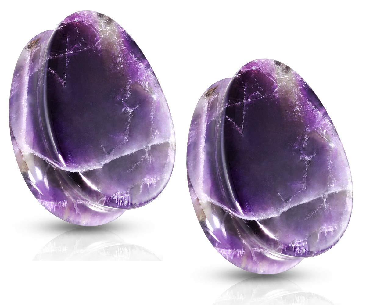 Pierced Owl - Amethyst Stone Double Flared Tear Drop Saddle Plugs, Sold as a Pair