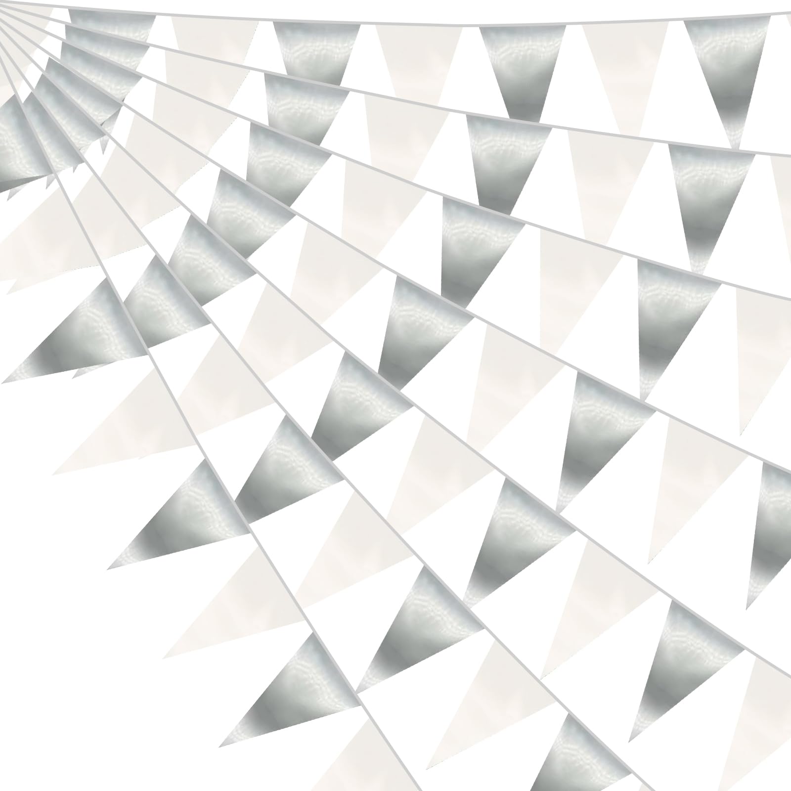 64FT White Silver Triangle Pennant Banner Flag Metallic Fabric Bunting Garland for Christmas Graduation Birthday Wedding Bridal Shower Nautical Ahoy Achor Theme Party Decorations Supplies
