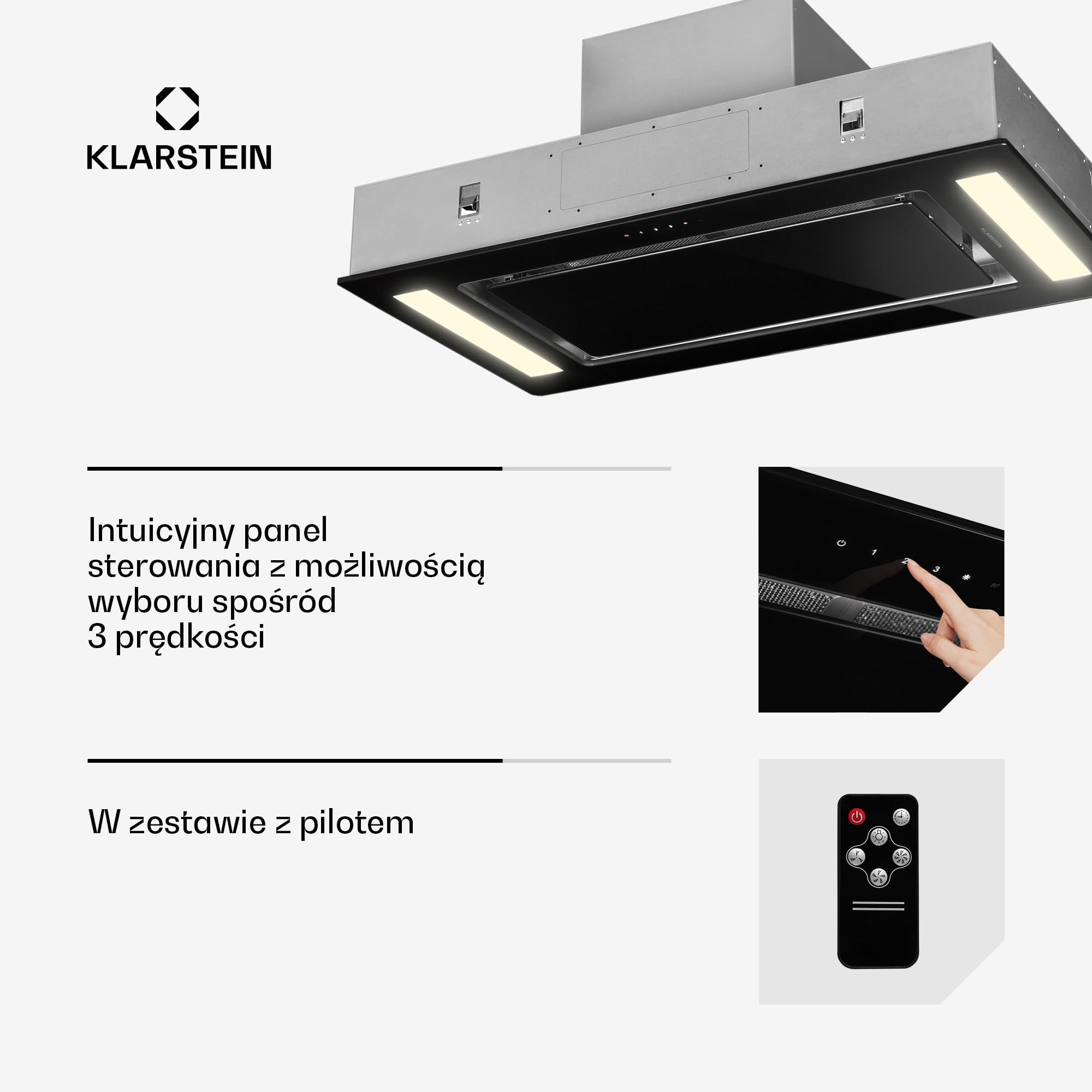 Klarstein Okap kuchenny, Cichy okap, podszafkowy, z filtrem, do zabudowy, 90cm, 230W, 609 m³/h, wyciągowy/z recyrkulacją Czarny