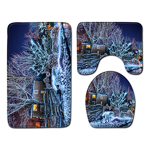 Bad Teppiche Set Blauer Grüner Baum Badezimmerteppich Waschbar WC Vorleger mit Ausschnitt und WC Deckelbezug 3 Teilig Badematte rutschfest Toilettensitzbezug Badgarnitur 50x80 cm