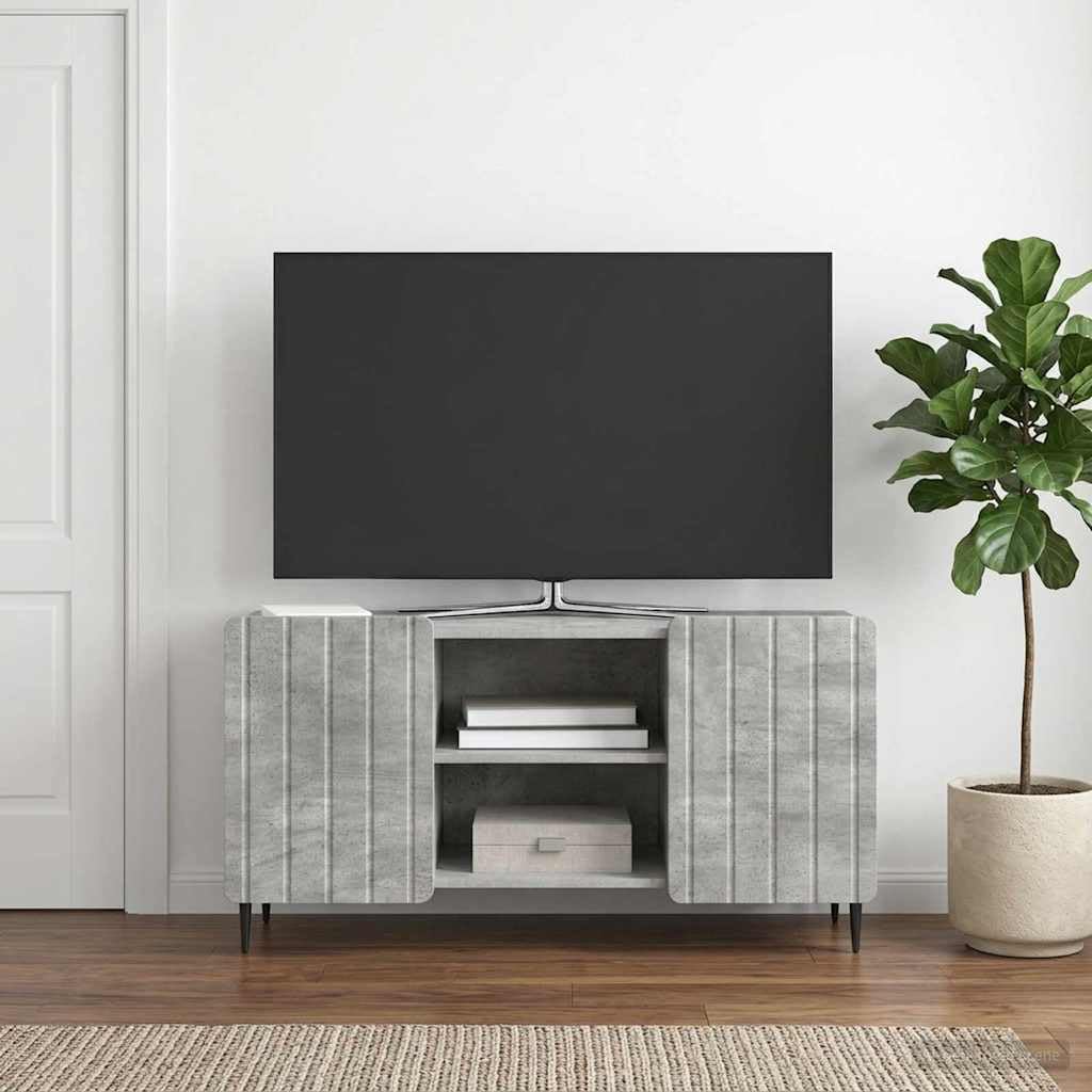 Hothingwell TV-Möbel, Holz, 102 cm, Betongrau | Drehtüren 90 °, Füße aus schwarzem Stahl, DVD-Regal, leicht zu reinigen mit feuchtem Tuch