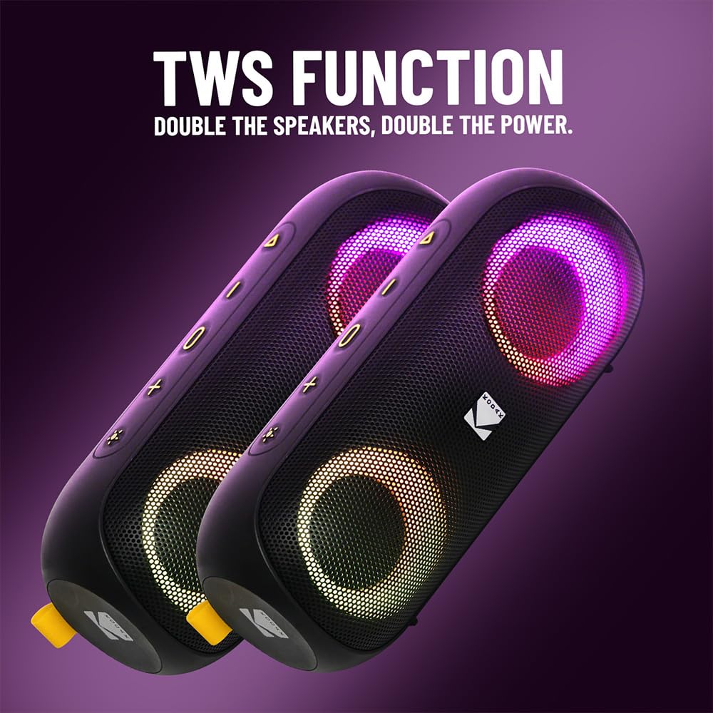 KODAK PWS - 2233 - Altavoz Bluetooth 20W RMS (2×10W), Resistente IPX6, Autonomía 8,5 Horas, TWS Estéreo, Batería 2000 mAh, Alcance 10 m, LED RGB, Entrada AUX y Lectura MicroSD, Carga USB-C