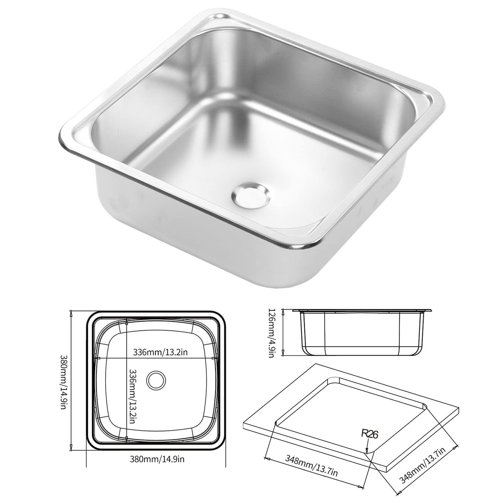 Fregadero, 336x336x125 Mm para Camper Yacht Boat RV Fregadero 304 Acero Inoxidable Gran Capacidad Fregadero de Cocina Resistente a los Arañazos Fregadero de Cocina Fregadero de
