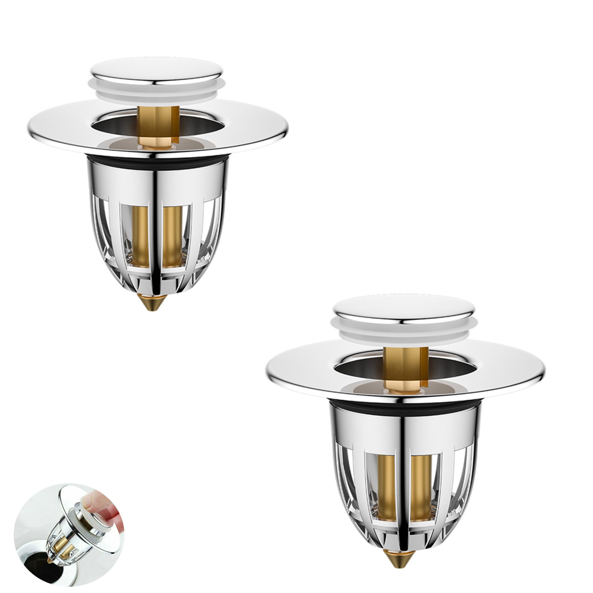 2 Pcs Universal Sink Plug Replacement, Brass Pop Up Drain Stopper with Bounce Core, Bath Basin Plug Filter with Basket Hair Catcher, Push-Type Sink Plug for 34-40mm Drain Hole