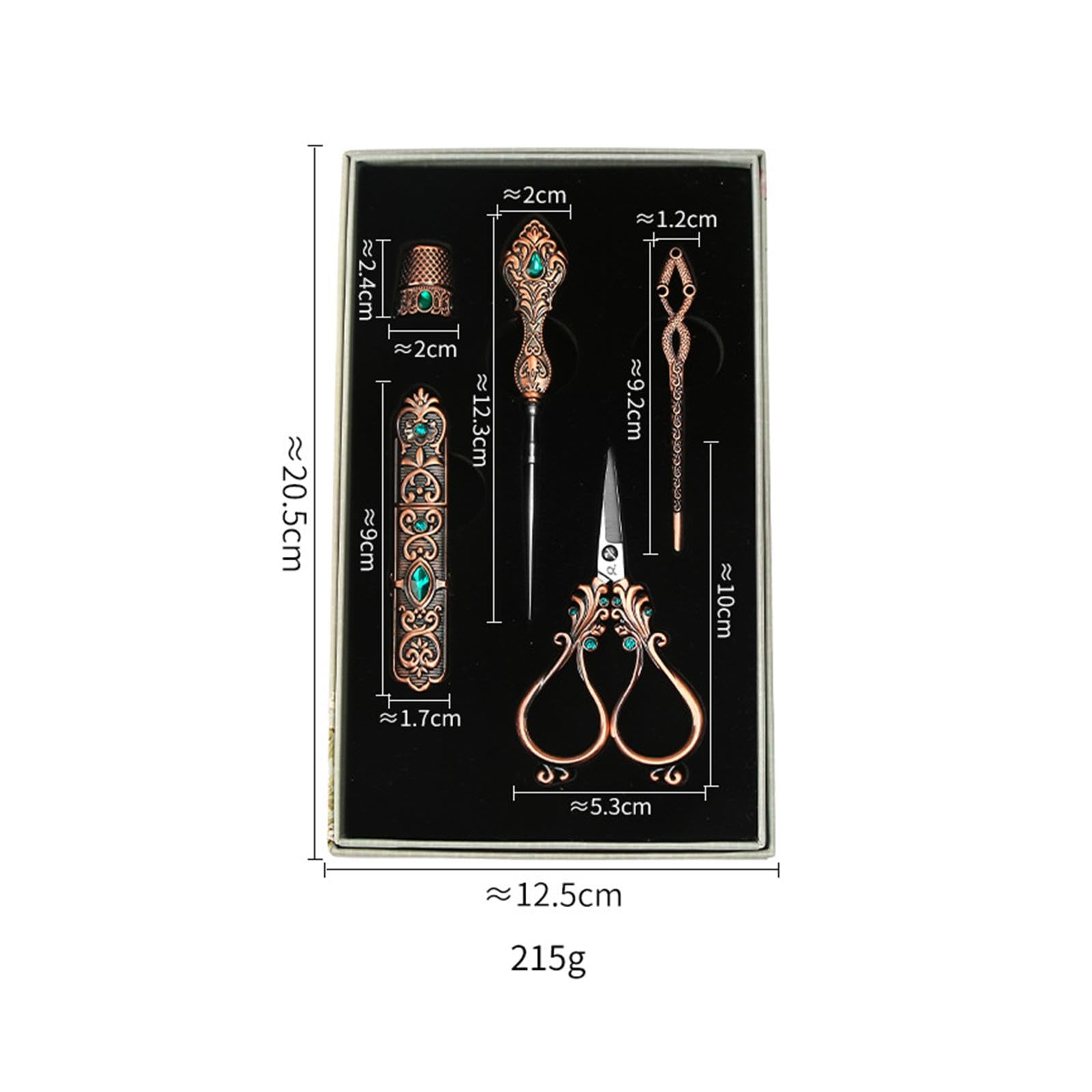 Stickerei Schere Set Nähset Stickwerkzeug Pin Nadelröhrchen Fingerhut Ergonomisch Benutzerfreundlich Klassischer Stil für Heimwerken Basteln Geschenk, Rotbronze