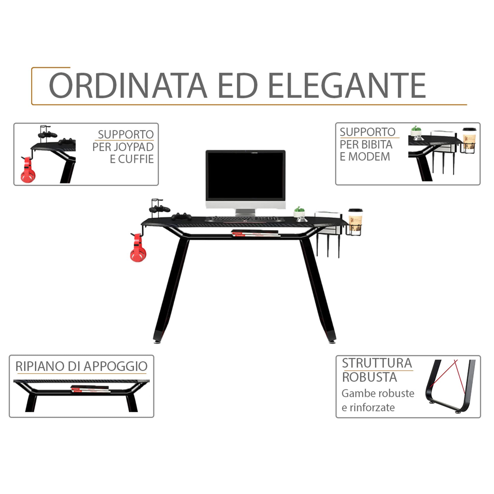 YELLOO - Scrivania Gaming per Computer, Scrivania Nera in Fibra di Carbonio Grande, Sceivanie per Cameretta Adatta per 1 Monitor Grande o 2 Monitor di Medie Dimensioni, Accessori Inclusi (GAMING GT10)
